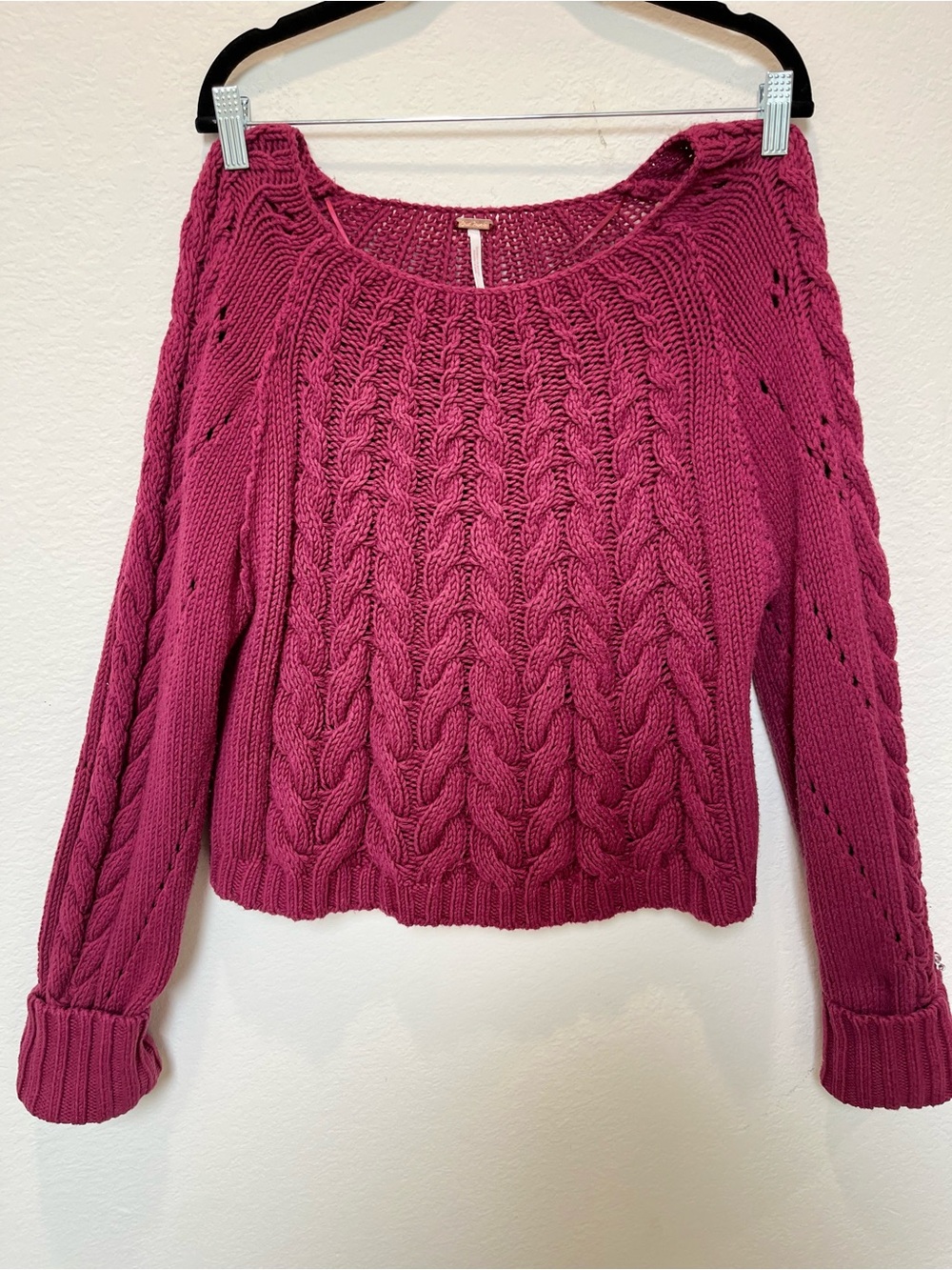 Free People Raspberry Cable Scoop Neck Sweater